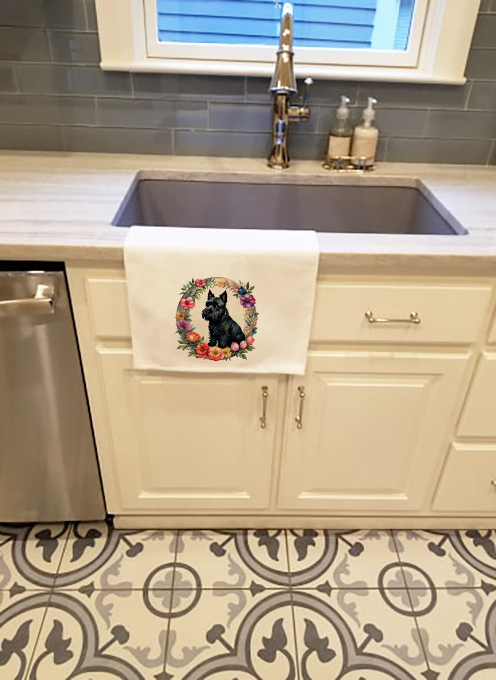 Scottish Terrier and Flowers Kitchen Towel Set of 2